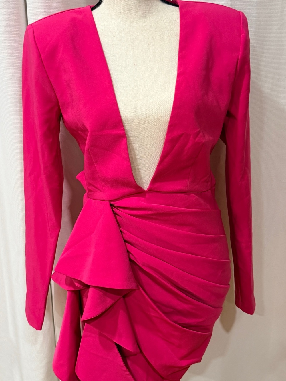 Plunge-Neck Ruffle Ruched Mini Dress in Hot Pink